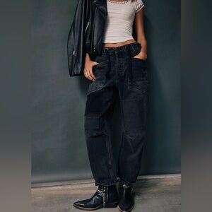 Free People We the Free Moxie Slung Pull On Barrel Wide Leg Jeans in Black Hawk
